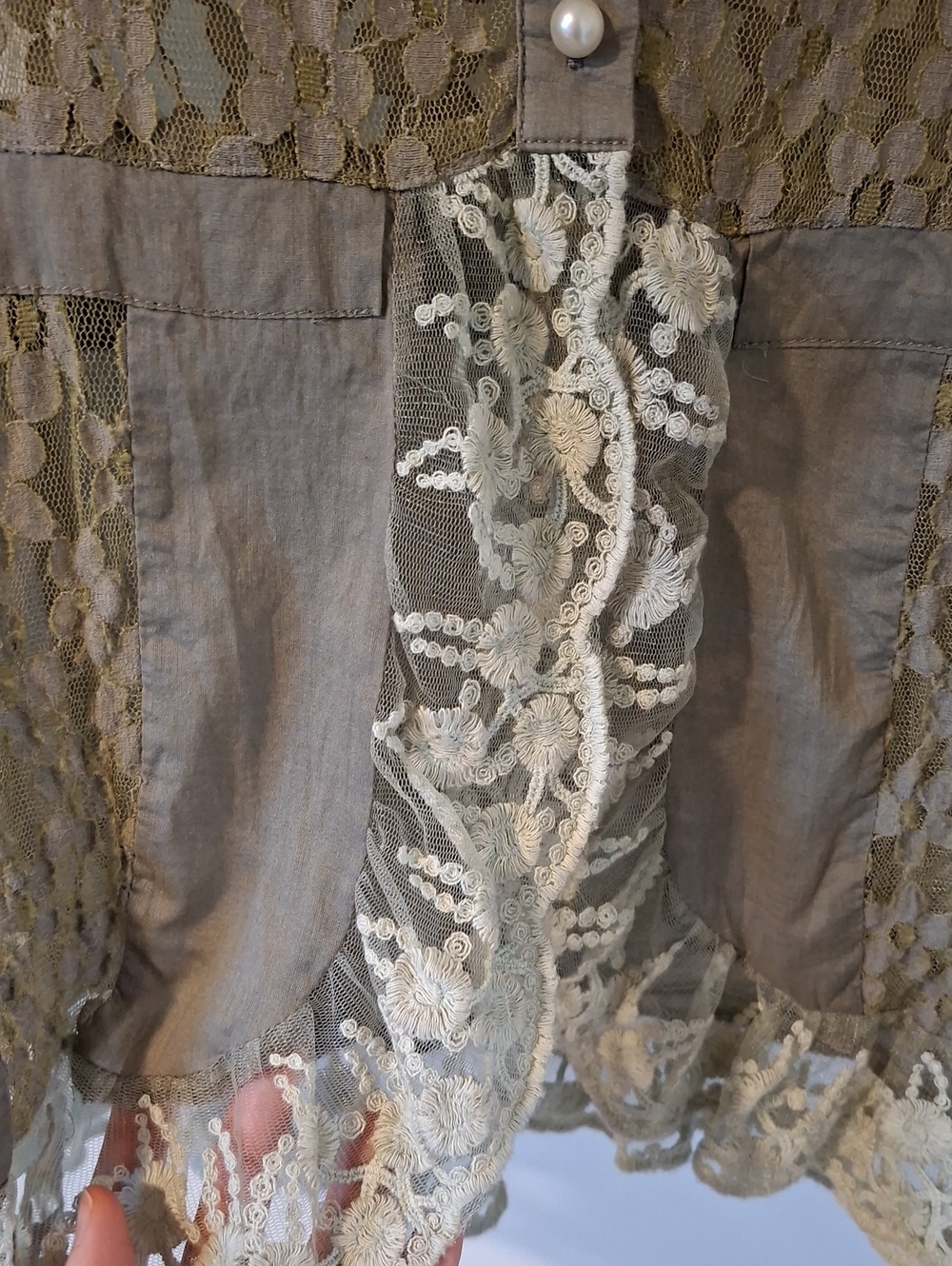 Olive Green Lace, Ruffle-trim, 100% Cotton Sheer Pearl-button Cardi (Size XS/S) - Picture 3 of 7